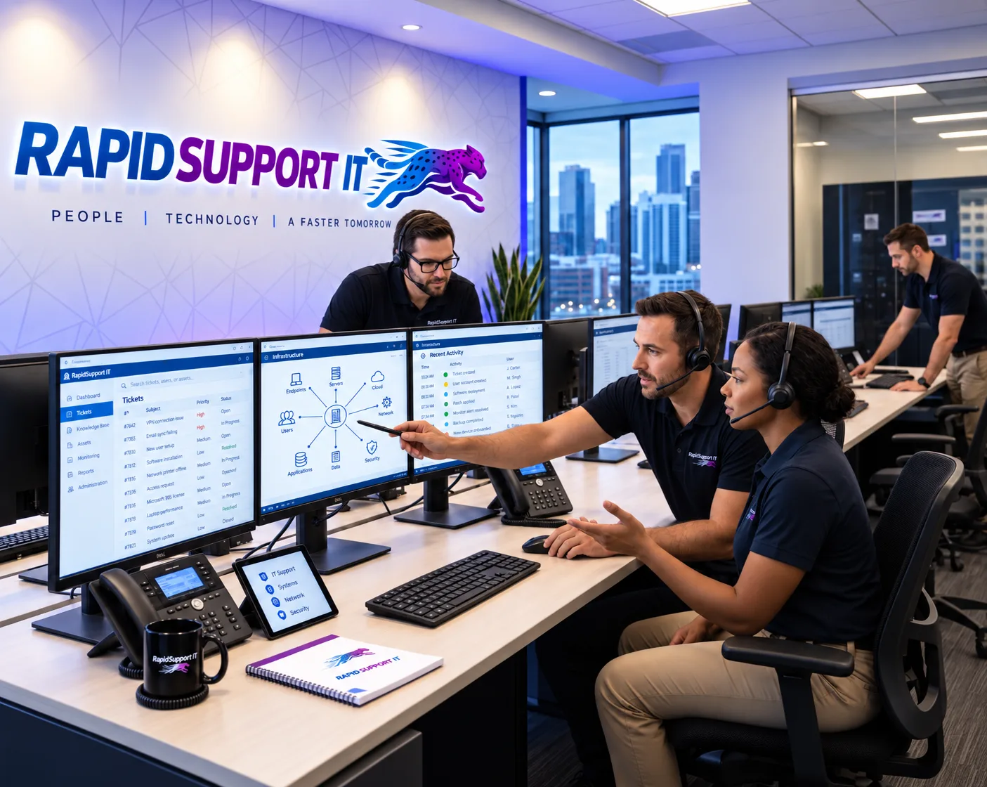 RapidSupport IT technicians at a multi-monitor workstation in the office, with the RapidSupport IT logo on the wall